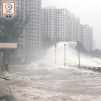 杏花邨<br>早前超強颱風山竹襲港時，岸邊捲起數層樓高的巨浪。