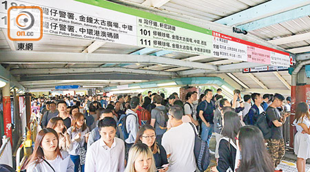 紅磡站<br>紅磡站接駁巴士站的天橋，擠滿準備乘搭過海巴士的上班族。