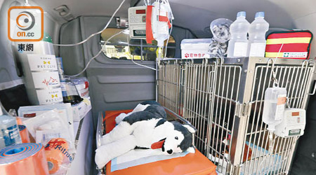 寵物救護車外形及設備與一般救護車相似，內有一張寵物擔架床及鐵籠。（黃仲民攝）