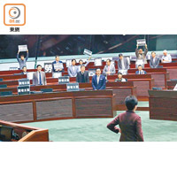 民主派議員在座位高舉「欺老太甚」標語，抗議林鄭月娥收緊長者綜援門檻。（胡家豪攝）