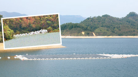 船灣淡水湖浮動太陽能系統於山竹襲港期間受損（小圖），現已修復。（讀者提供）