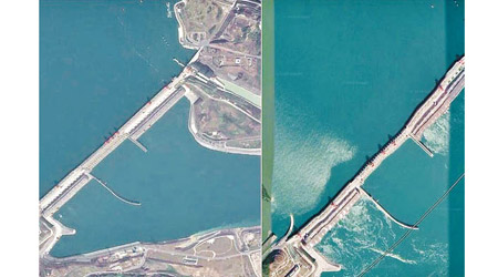 網上衞星圖片（右）顯示三峽大壩變形，三峽集團提供另一衞星圖片（左）闢謠。