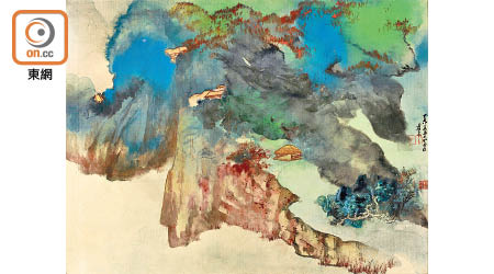 《雲靄山家》創作於一九七三年，採用了潑墨潑彩金箋，寫於雙摺屏風上。