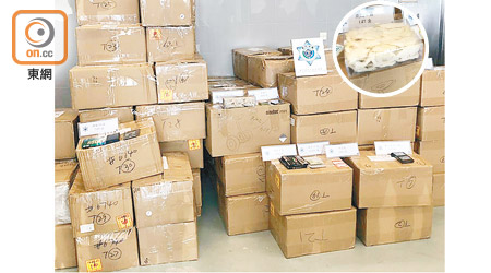行動檢獲一百零八箱走私貨物，當中包括燕窩（圓圖）。