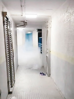 有催淚彈被射上兆軒苑逸生閣七樓走廊，現場煙霧瀰漫。（互聯網圖片）