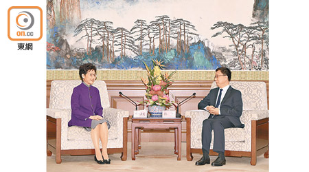 國務院副總理韓正（右）昨日在北京接見特首林鄭月娥（左）。