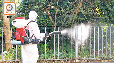 大埔鳳園村上月曾出現登革熱個案，食環署職員到場噴灑滅蚊噴霧。