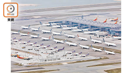 受各政府旅遊限制影響，全球旅客大減，本港機場停機坪泊滿飛機。