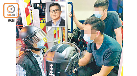 鄧炳強（左一）昨獲悉傳媒聯絡隊警員受傷，隨即趕赴現場慰問。