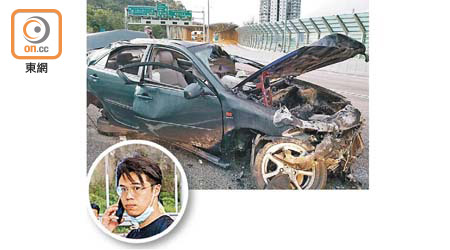 屯門公路：私家車焚毀兼撞毀，自稱車主的男子（圓圖）在場善後。（胡德威攝）
