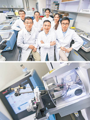 城大研究團隊（上圖）開發了新檢測方法，有望應用於癌症診斷與幹細胞研究；下圖為相關儀器。（受訪者提供）