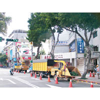 道路兩旁樹木作日常修剪時，台北市政府工務局公園處會派遣碎木車在旁收集廢棄枝幹。