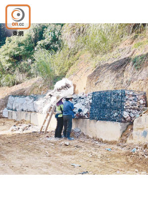 大環村：工人將丁屋群地盤的建築廢料及泥頭整理擺放。