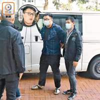 王百羽（左）被警方帶返位於天水圍的辦事處搜證。（張世洋攝）