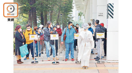 黃大仙檢測中心職員將到訪人士分為4條隊伍。（林耀康攝）