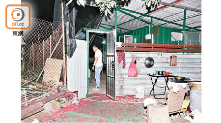 元朗：元朗鳳池村「貨櫃屋」被掟炮仗及淋紅油。（楊日權攝）