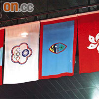 新伊館懸掛的關島旗（右二），與關島持旗手在京奧開幕禮舞動的島旗有明顯分別。