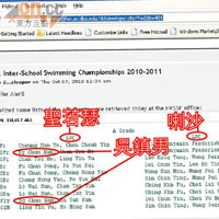 在男拔萃論壇，顯示喇沙及聖若瑟泳手的名單，其中聖若瑟港隊主力吳鎮男，將出戰50米蝶泳及100米自由泳。