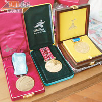 「阿英」最貴重的三面亞運獎牌，左起釜山銅牌、多哈金牌及廣州金牌。