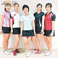 香港女隊幾位主力謝影雪（左起）、潘樂茵、葉姵延、陳祉嘉及周凱華，齊着短裙亮相。