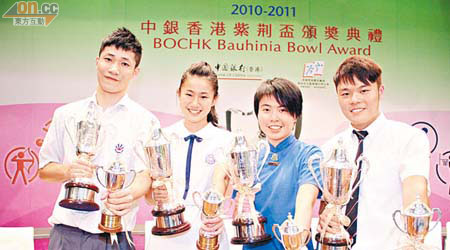 奪得最佳運動員獎的蕭昌鴻（左起）、呂麗瑤、湯芷穎及彭英杰興奮舉起獎盃。