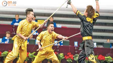 香港武術隊在一日內三冠及第，認真巴閉。（圖片由香港奧委會提供）