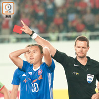 黃梓浩（左）救球心切，開賽僅2分鐘便領紅被逐。