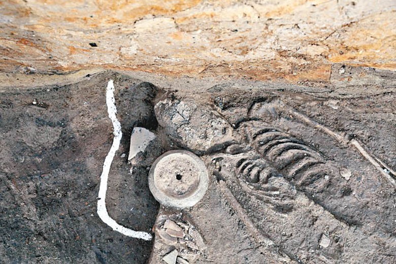 遺址出土的骸骨及陶器。