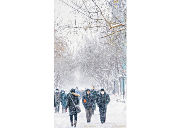 哈爾濱市中央大街有民眾在風雪中出行。