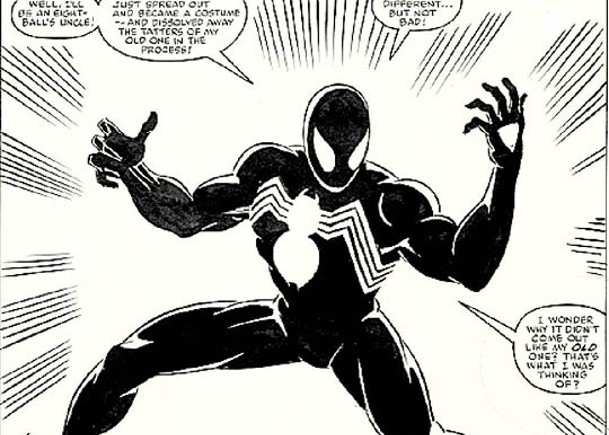 這頁漫畫描繪蜘蛛俠首次穿黑色戰衣亮相。
