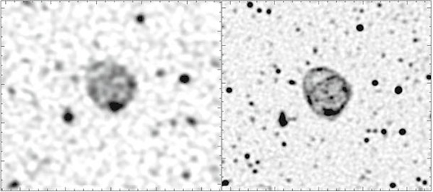 EMU拍下的ORB圖像（左圖），與MeerKAT望遠鏡下的（右圖）對比圖。