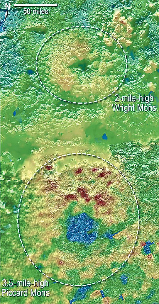 冥王星的冰火山「萊特蒙斯」（上）和「皮卡德蒙斯」（下）。