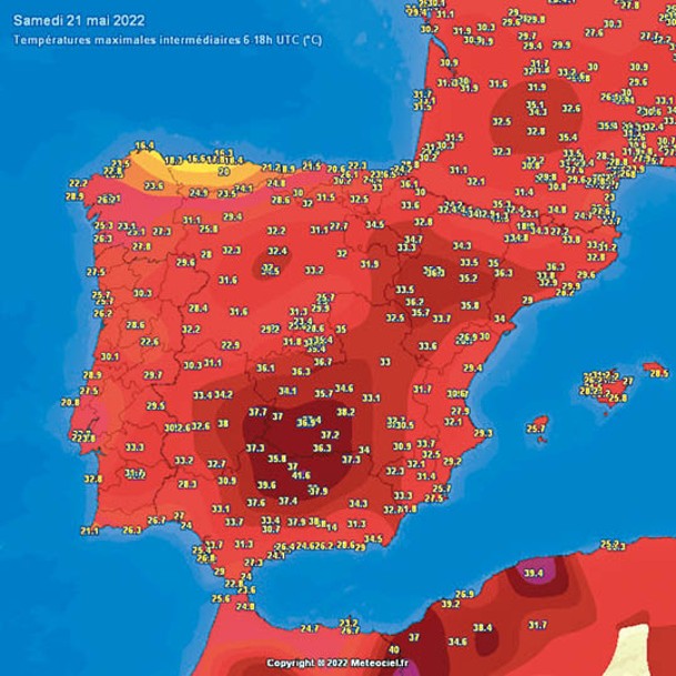 西班牙上周多地氣溫高企，圖中愈深色代表溫度愈熱。