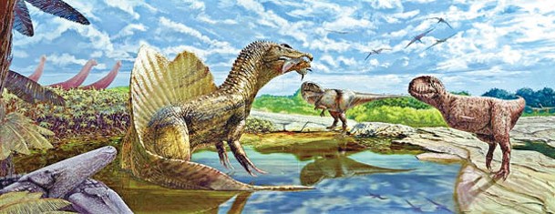 新發現恐龍（右下）在綠洲生活的構想圖。