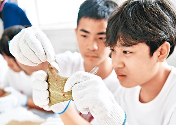 河北省學生在文化和自然遺產日體驗文物修復工作。