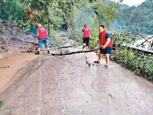 工作人員清理阻塞道路的樹木。