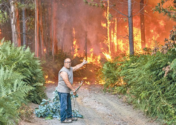 葡萄牙：一名男子嘗試減慢山火蔓延。<br>（Getty Images圖片）