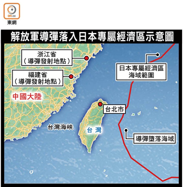 解放軍導彈落入日本專屬經濟區示意圖
