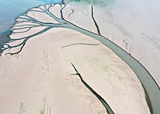 鄱陽湖湖水一旁土地出現龜裂情況。（中新社圖片）