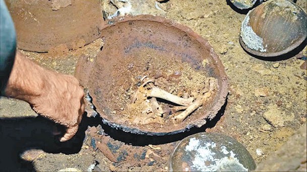 考古人員發現陶器有骨頭。