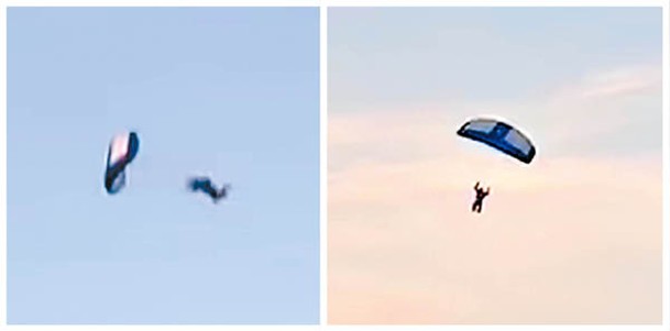左、右圖：謝菲爾德在表演跳傘失誤，墜地身亡。