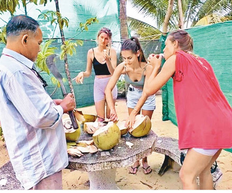 女遊客獲島民以椰青招待。