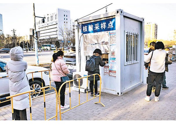 北京市民在核酸採樣點排隊。（中新社圖片）