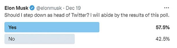 馬斯克在Twitter發起投票，詢問應否辭任CEO一事。