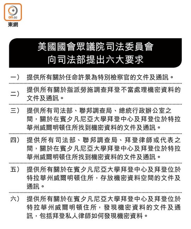 美國國會眾議院司法委員會<br>向司法部提出六大要求