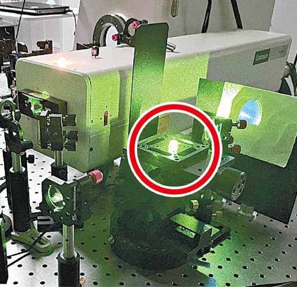 今次研究的非線性光學晶體器件（紅圈示）。