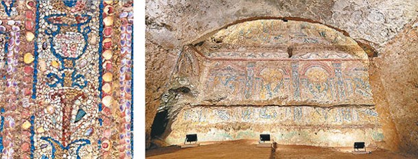 古羅馬豪宅內的馬賽克壁畫，由貝殼和彩色寶石等（左圖）拼砌而成。
