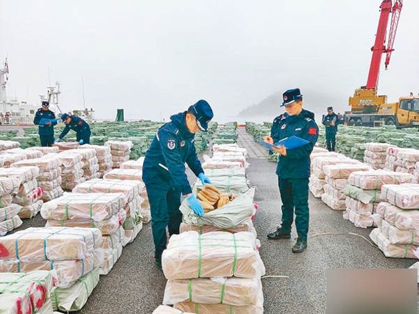 廣西海警局檢獲涉嫌走私凍品。