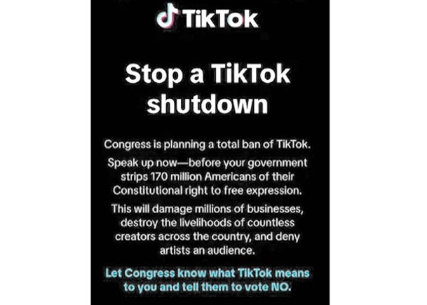 TikTok呼籲美國用戶致電參議員要求對法案投反對票。