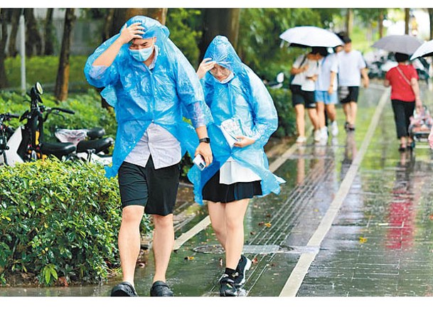 深圳市民早前冒雨出行。（中新社圖片）